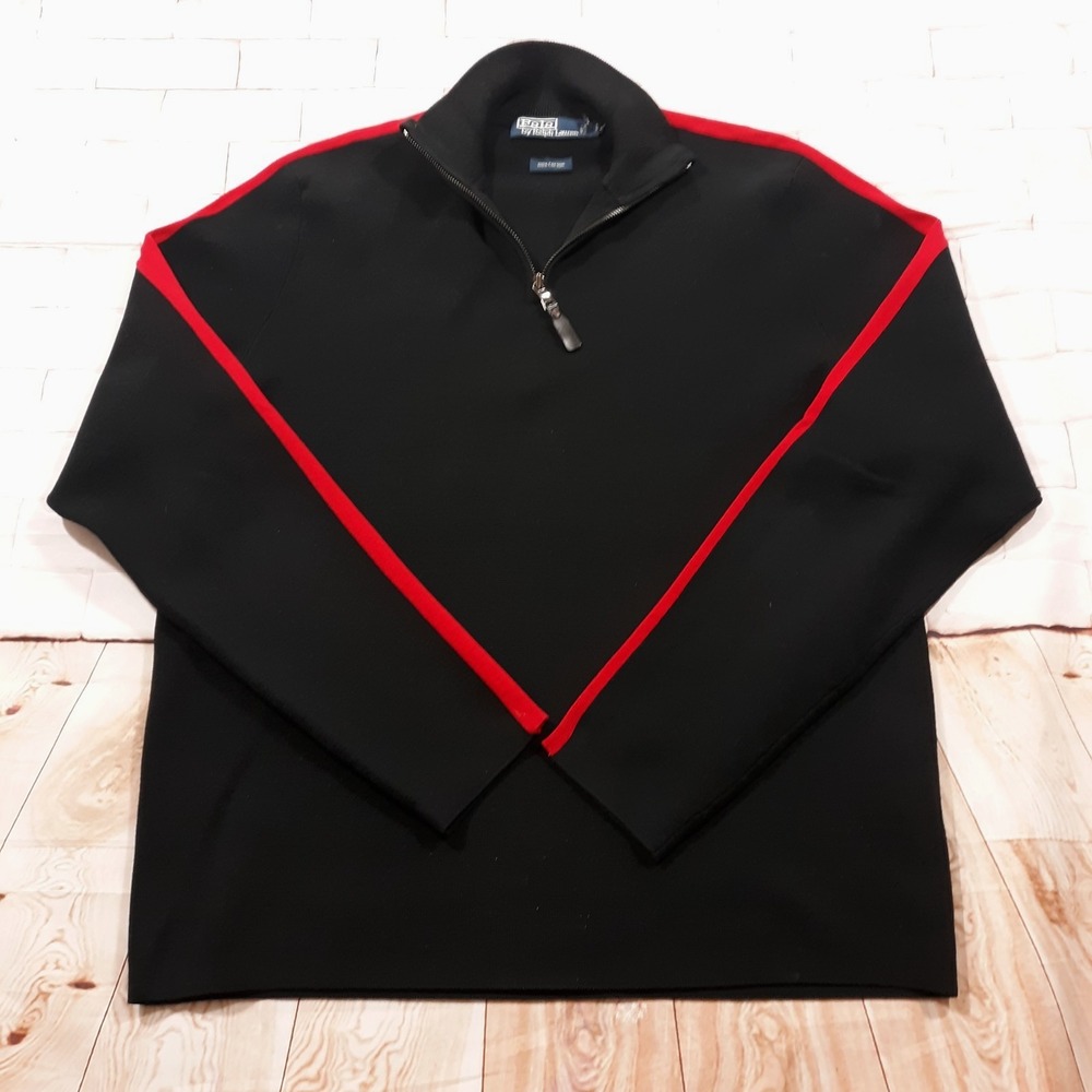 Polo Ralph Lauren Sweater 1/4 Zip Sweater Mens Large Black Red Knit Cotton Heavy